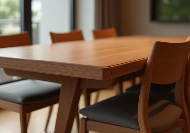 Özel yapım ahşap bir masa ve sandalyelerle modern bir yemek odası