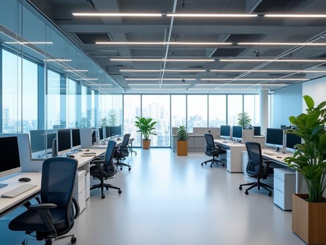 Modern, açık plan bir ofis alanı, cam bölmeler ve ergonomik mobilyalar.